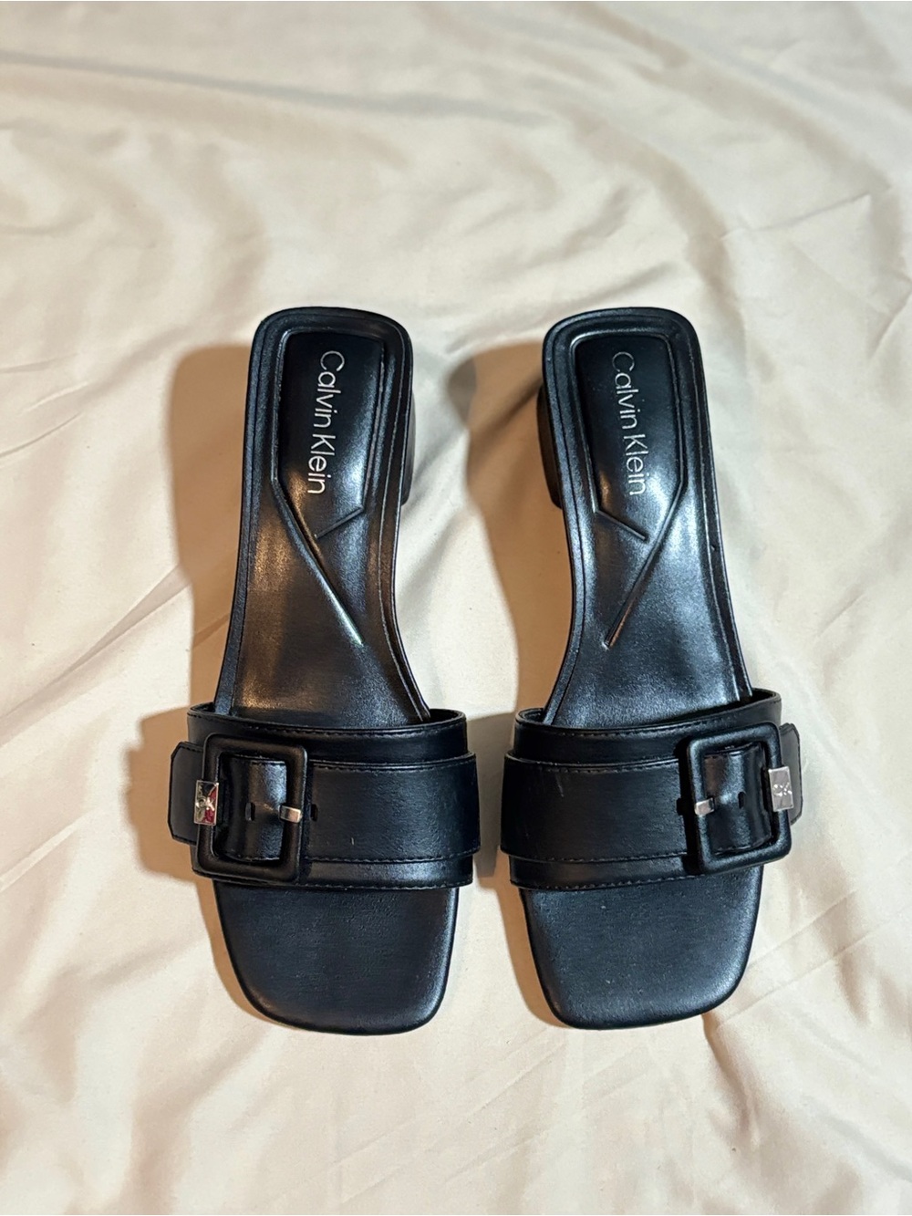 Calvin Klein Ariella Black Buckle Block Heel Slide Sandals Size 7.5